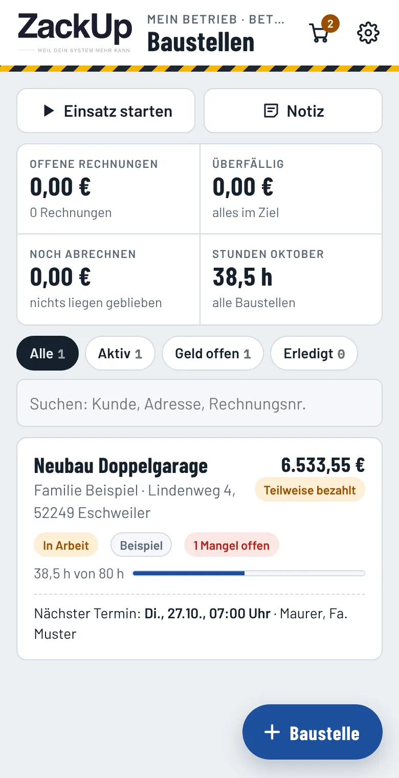 Bautagebuch: Startseite mit offenen Beträgen, Stunden im Monat und einer Beispiel-Baustelle