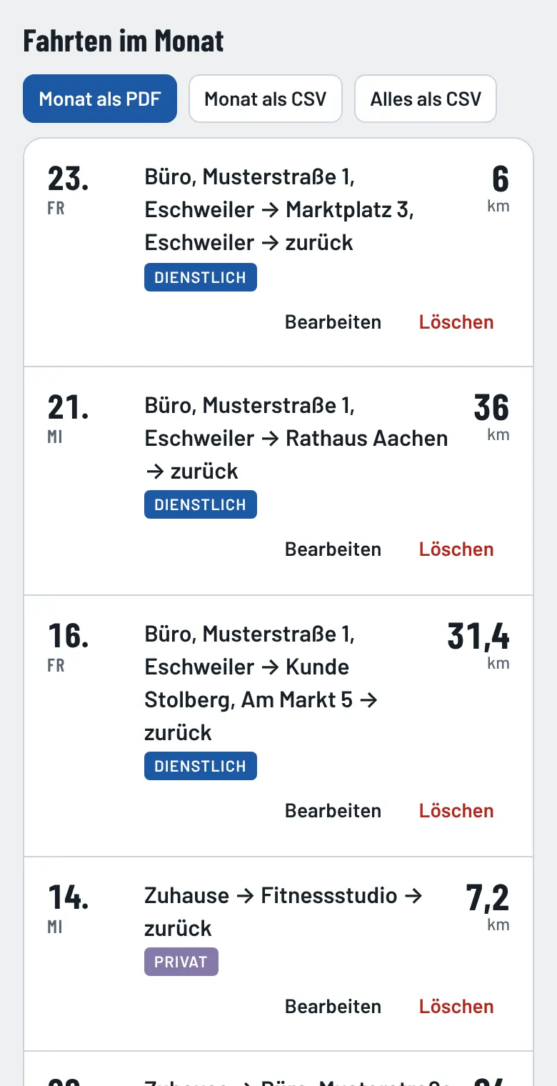 Fahrtenbuch: Liste der Fahrten im Monat mit PDF- und CSV-Export