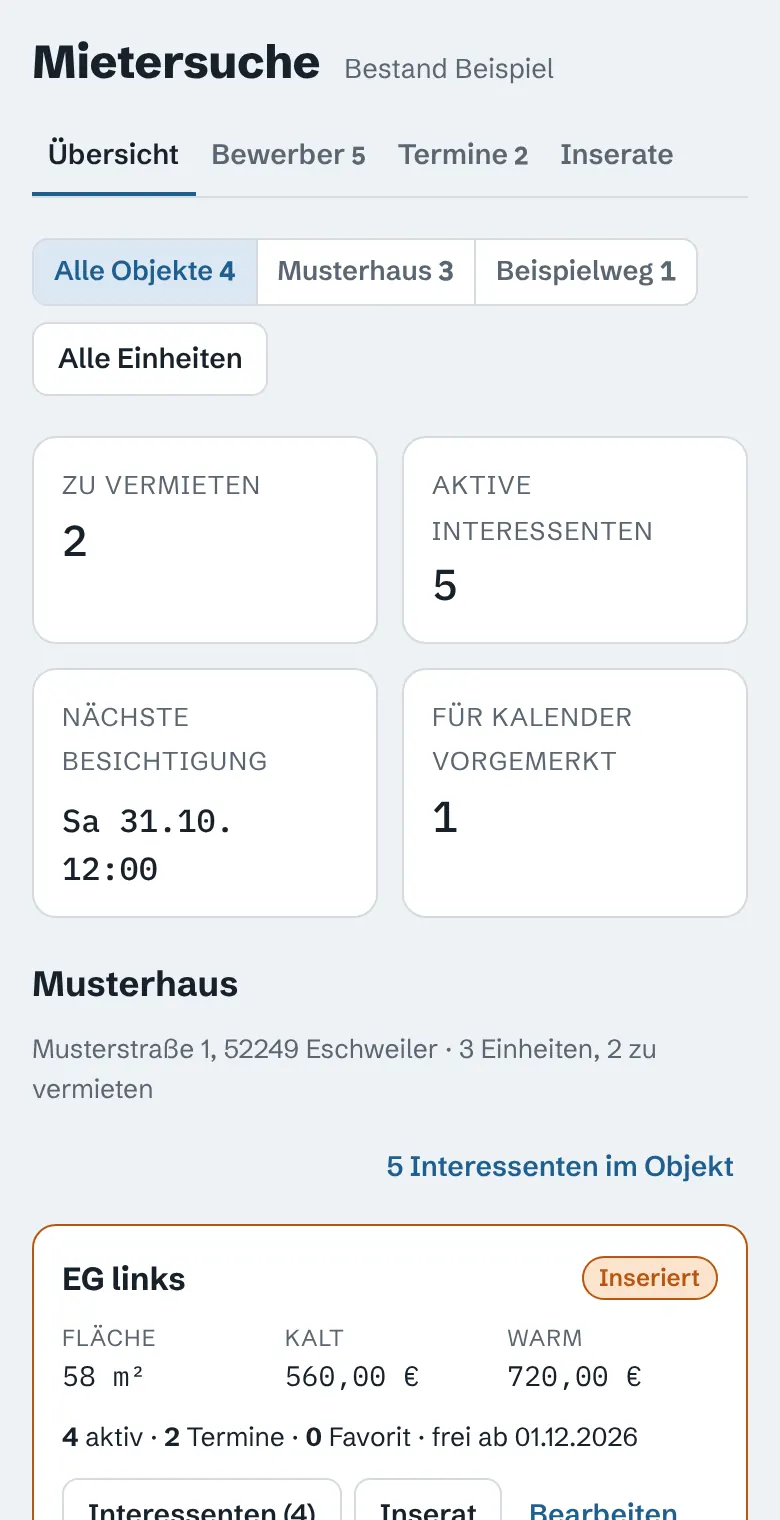 Mietersuche: Übersicht über Einheiten, Interessenten und nächste Besichtigung