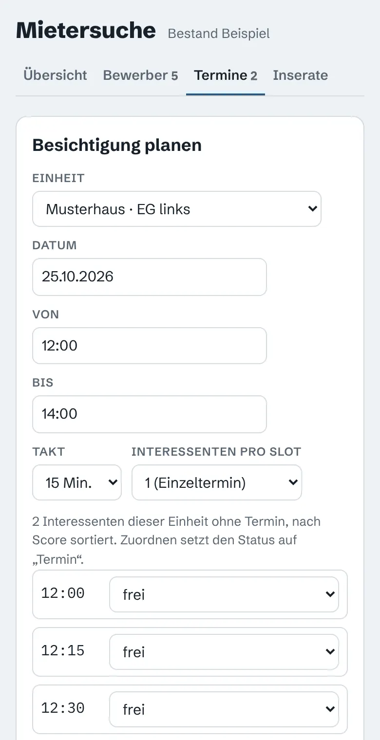 Mietersuche: Besichtigung in 15-Minuten-Slots planen