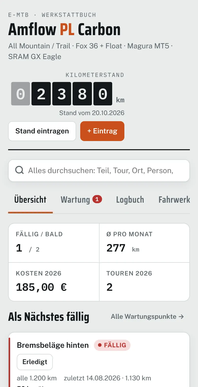 Wartungsbuch: Kilometerstand, Kennzahlen und fällige Wartungspunkte eines E-Mountainbikes